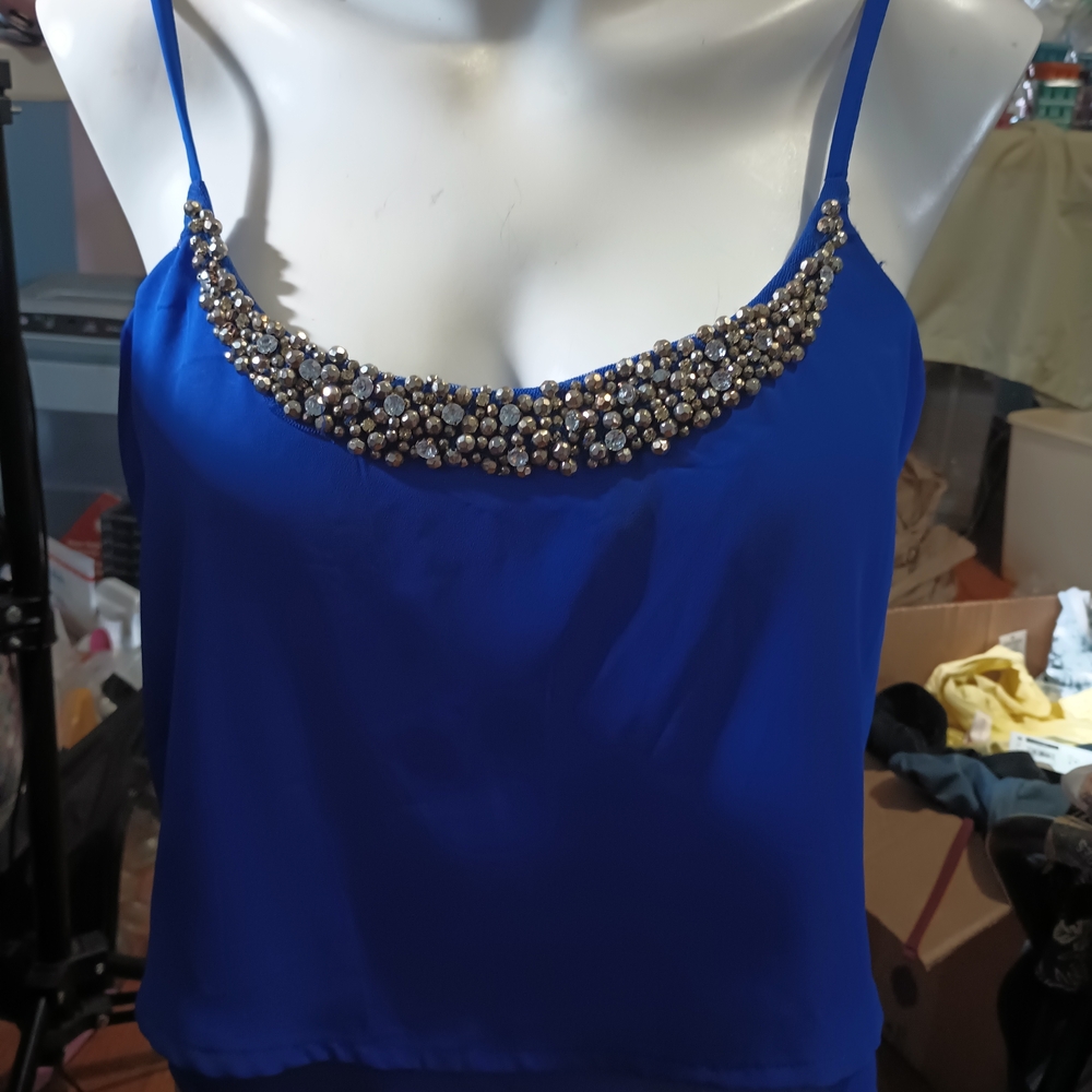 Charlotte Russe Cobalt Blue Semi-Cropped Top W/Beaded Neckline - Picture 2 of 6